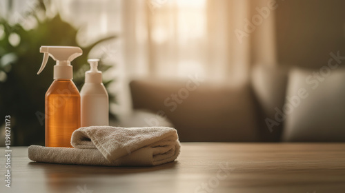 Cleaning products and towel on wooden table in cozy living room