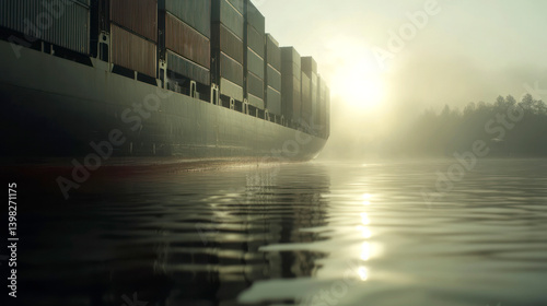 Cargo ship and containers on river at sunrise in fog