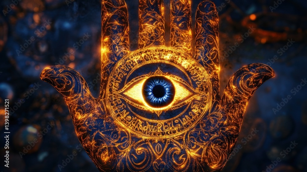Naklejka premium A Hamsa hand glowing with intricate spiritual designs and a central eye, radiating protection