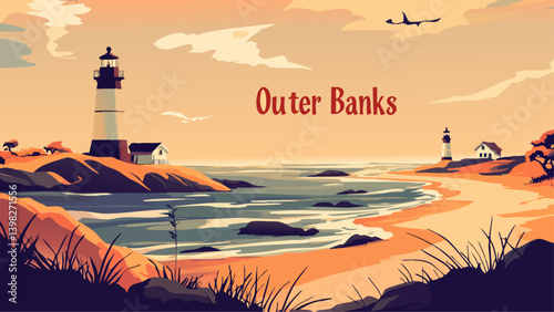 Outer Banks sandy beach with dunes as a vector illustration