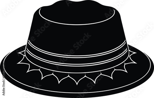 stylist black hat with a bow, black hat, black and white hat, black top hat isolated on white, black top hat silhouette vector icon on black background.