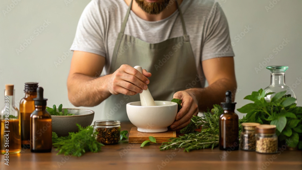 man prepares herbal remedies using mortar and pestle surrounded by fresh herbs and essential oils, reflecting wellness trends in natural health man prepares herbal remedies using mortar and pestle surrounded by fresh herbs and essential oils, reflecting wellness trends in natural health