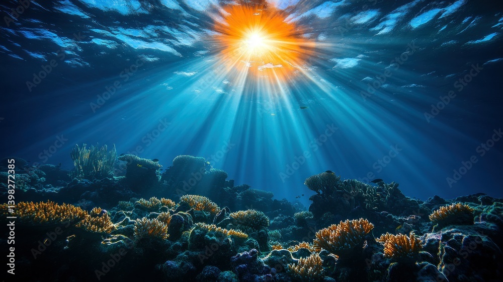 Fototapeta premium Underwater coral reef sunlight beams
