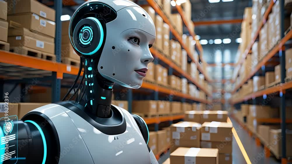 Advanced Humanoid Robot in Smart Warehouse with Shelves of Boxes and ...