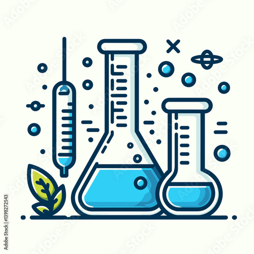 Stylized illustration of laboratory glassware with blue liquid and scientific elements