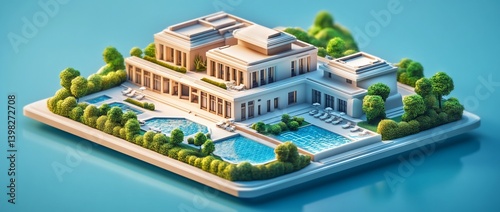 Isometric view of a luxurious mansion with multiple pools and lush landscaping.