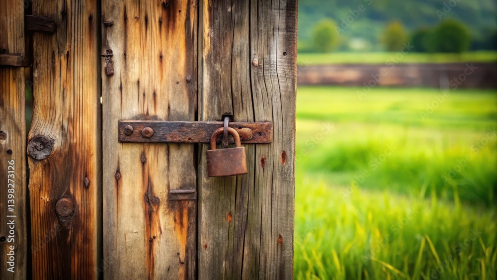 Rustic Wooden Gate Secured with Weathered Padlock in Serene Field Setting Rustic Wooden Gate Secured with Weathered Padlock in Serene Field Setting