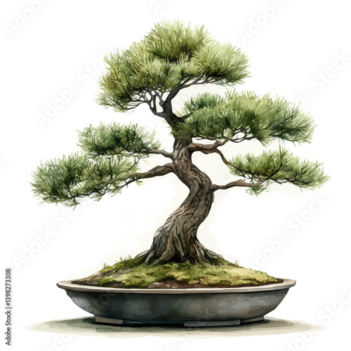 illustration of Japanese White Pine Bonsai, watercolor vector, isolated on a white background.