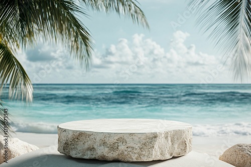 White stone podium on sandy beach with ocean view, palm trees framing.