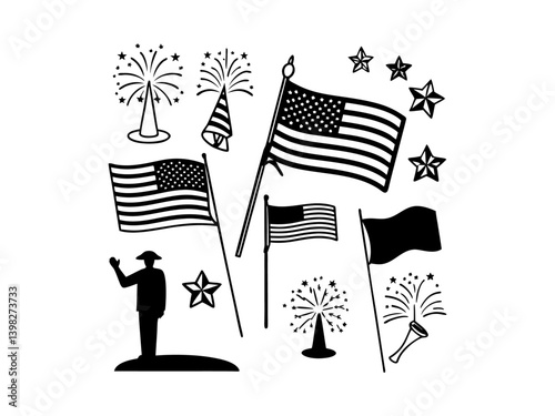 Simple black and white patriotic graphic design elements American Flag day.  American Flags.. A collection of simple, black and white graphic design elements perfect for Sat, Jun 14, 2025.