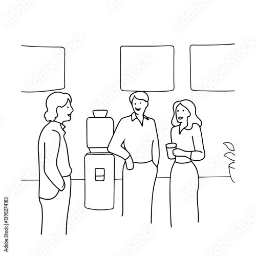 Office Break Three Employees Chatting Near Water Cooler Simple Line Art