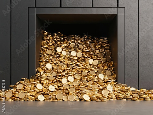 A royal treasury vault filled with investment assets, including gold, gems, and stock certificates photo