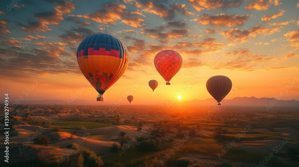 Colorful hot air balloons float above a landscape at sunrise Colorful hot air balloons float above a landscape at sunrise