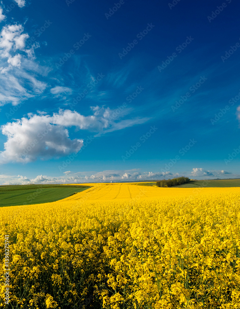 Obraz premium Vibrant fields of canola flowers under a clear blue sky with fluffy white clouds