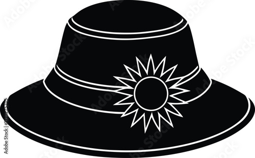 stylist black hat with a bow, black hat, black and white hat, black top hat isolated on white, black top hat silhouette vector icon on black background.