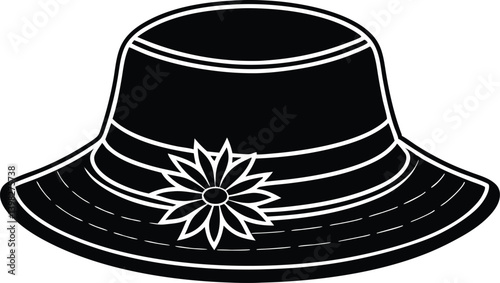 stylist black hat with a bow, black hat, black and white hat, black top hat isolated on white, black top hat silhouette vector icon on black background.