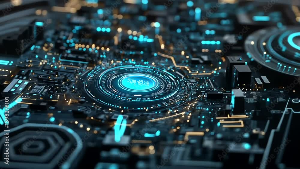 Futuristic circuit board activates, glowing core, tech background, digital concept