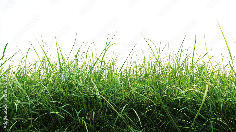 Fototapeta premium Lush green grass blades extending from the bottom to the top against a bright white background perfect for nature themed designs and website banners.