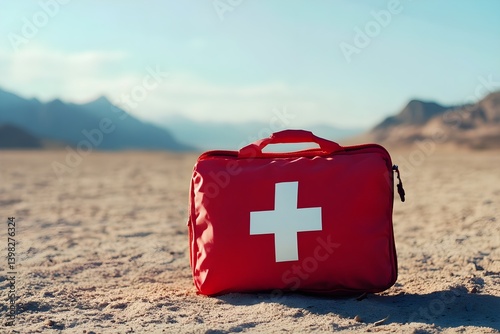 A red first aid kit with a white cross on it stands outside