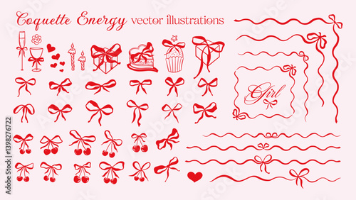 Coquette Girly Bows Set and Cherry, Vintage Sketch Border Frames and Corners for Wedding Cards or Birthday Party, Cute Elegant Cowgirl Ribbons for Valentines Day Decoration Vector Collection