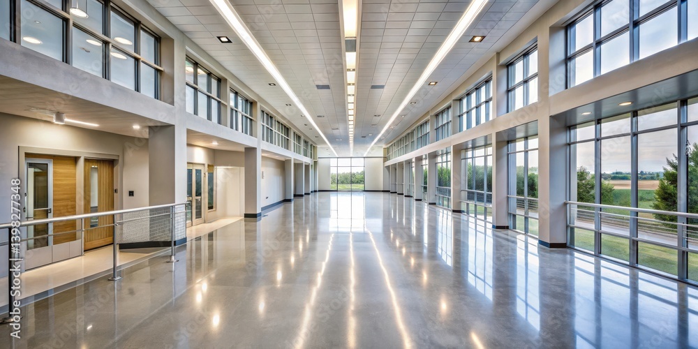 Modern building interior with expansive windows and polished floor showcasing natural light and sleek design Modern building interior with expansive windows and polished floor showcasing natural light and sleek design