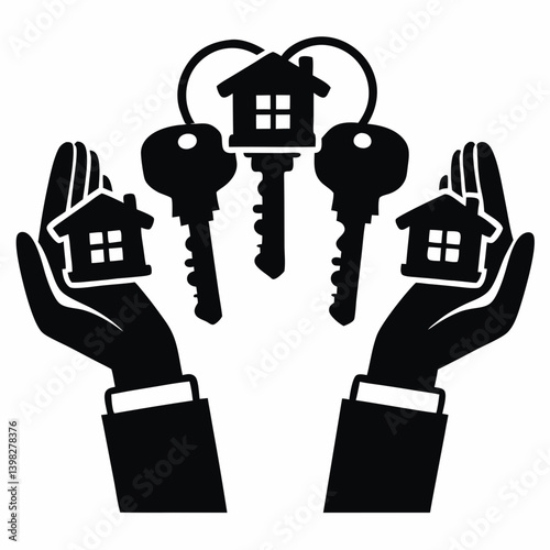 Hands holding house keys and mini houses black and white icon
