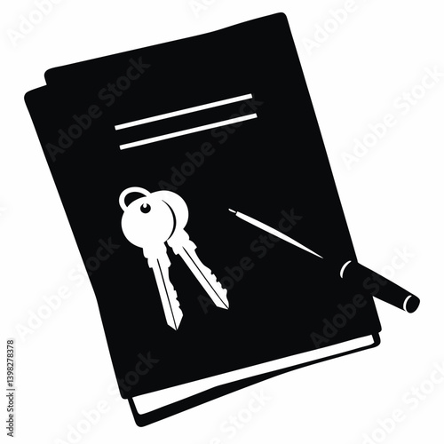 Real estate contract with keys and pen black and white icon