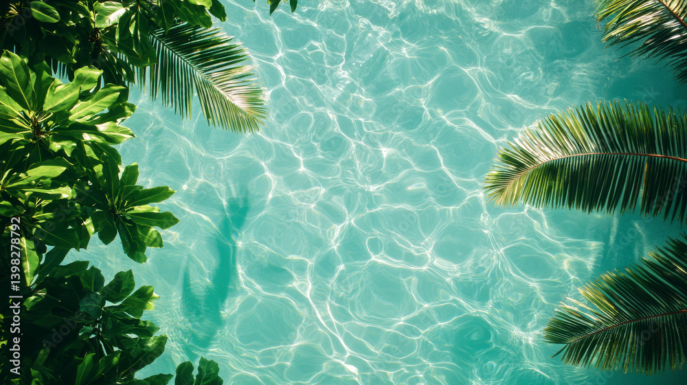 Experience tranquility with rippling water and palm leaves in a summer paradise setting Experience tranquility with rippling water and palm leaves in a summer paradise setting