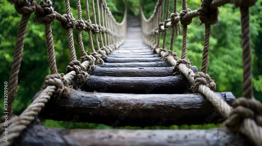 Wooden Suspension Bridge with Rope Railings Leading Through Lush Green Forest Wooden Suspension Bridge with Rope Railings Leading Through Lush Green Forest