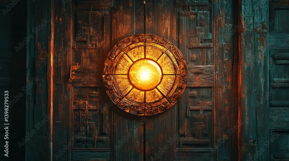 A feng shui Bagua mirror glowing with protective light, hanging on an ancient wooden door A feng shui Bagua mirror glowing with protective light, hanging on an ancient wooden door