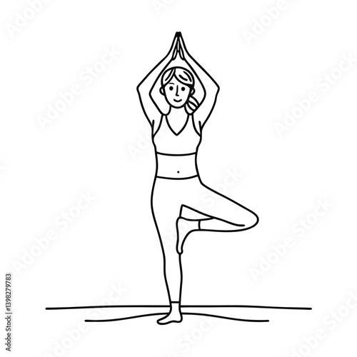 Woman Exercising Yoga Tree Pose In Minimalist Line Art Illustration