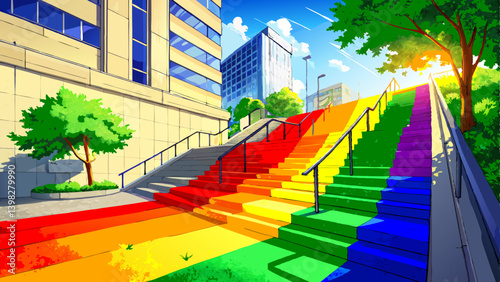 Bright rainbow-colored outdoor concrete staircase leading to a modern urban building against a clean city background with copy space