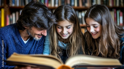 A father and his two daughters enjoy reading together in a library. photo
