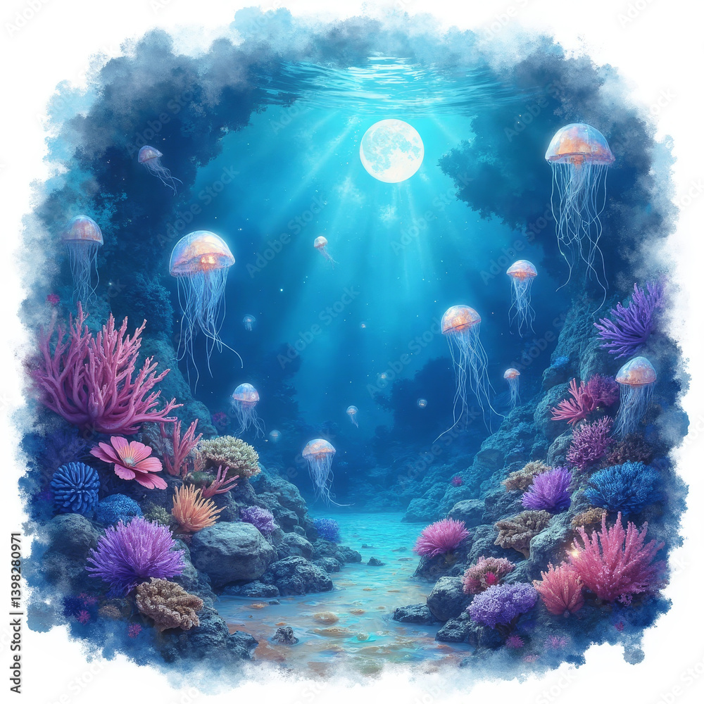 Naklejka premium Underwater coral reef teeming with jellyfish and vibrant marine life under moonlight