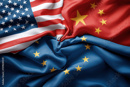 Draped flags of USA, China, and European Union symbolizing global trade dynamics.

