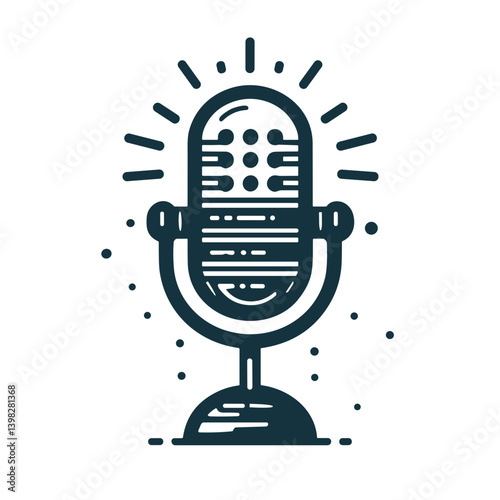 Stylized illustration of a vintage microphone with surrounding sound waves