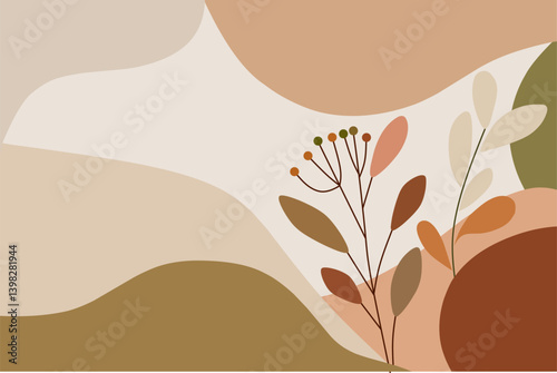 Minimalist background using aesthetic earthy colors such as warm beige, terracotta, olive green, and muted brown. Incorporate gentle abstract shapes and delicate floral elements.