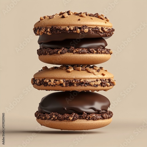 Delicious Chocolate Hazelnut Macarons Stack – Gourmet French Pastry, 3D Rendered Image, Sweet Treat, Confectionery Photography