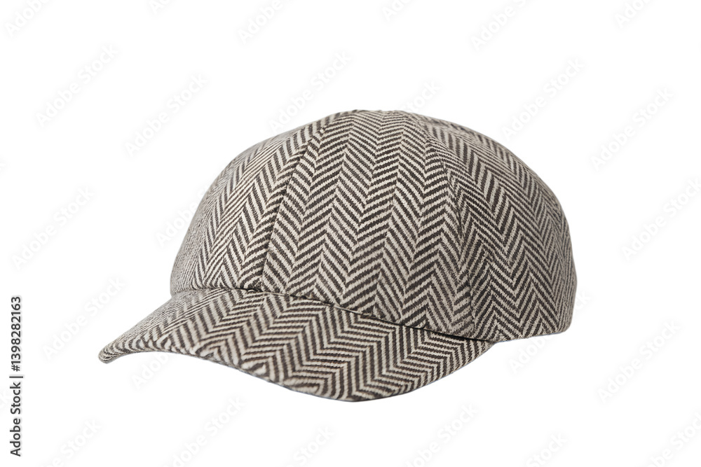 Fototapeta premium Classic Herringbone Cap on White Background, Stylish Headwear, Men's Fashion Accessory