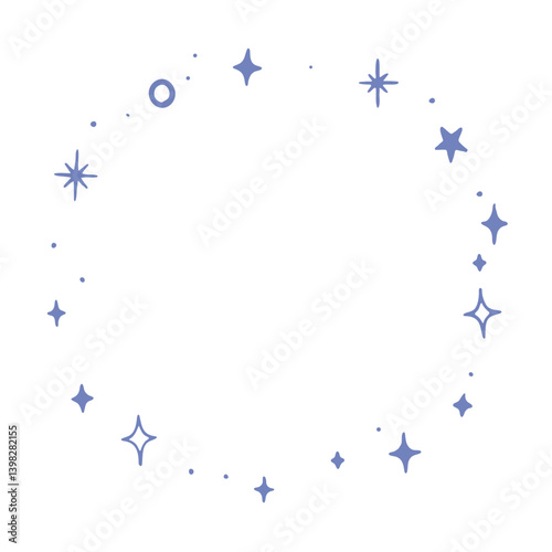 Cosmic round frame with stars and spark shines. Mystical and celestial. Vector illustration aesthetic design.