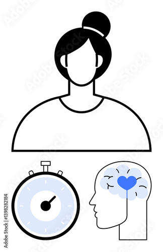 Female figure clock for time head with heart-brain connection. Ideal for mental health, womens wellness, time management, mindfulness, self-care, productivity, balance. Line metaphor