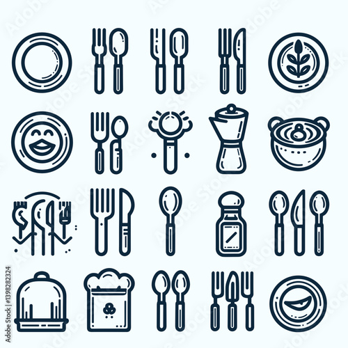 Stylized illustration of various kitchen utensils and tableware in a grid layout