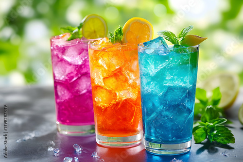 Vibrant summer cocktails with colorful ice. photo