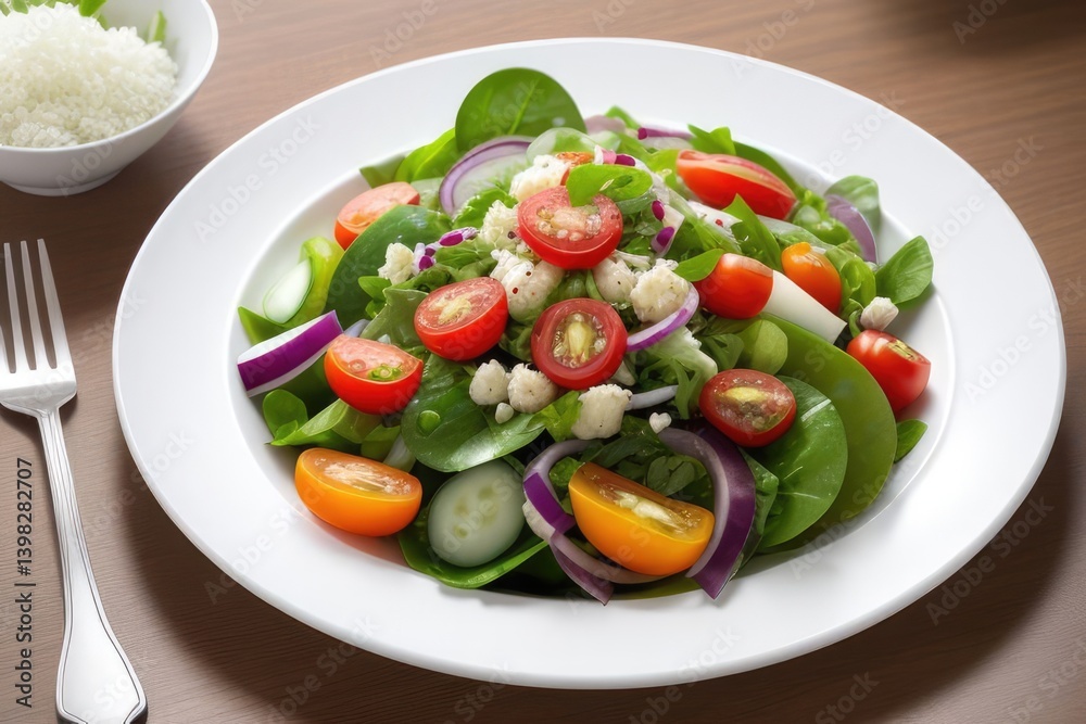 Healthy vegetable salad of fresh tomato, cucumber, onion, spinach, lettuce and sesame on plate.