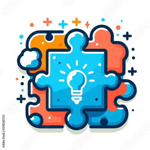 Stylized illustration of a puzzle piece with a light bulb symbol and colorful decorations