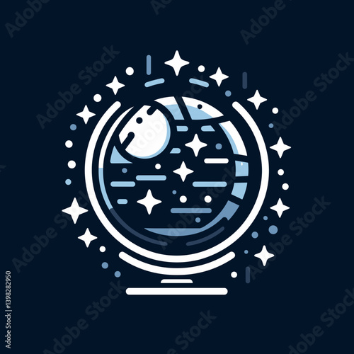 Stylized illustration of a globe surrounded by cosmic elements and stars