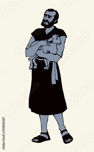 An old shepherd with a sheep. Vector drawing
