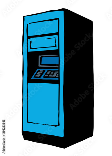 Web line store loan display bancomat kiosk pin code keypad teller device on white paper. Outline black hand drawn earn dollar bill salary monitor logo sign icon concept sketch in graphic cartoon style