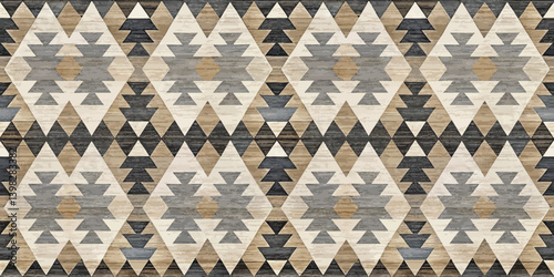 Geometric patterned fabric in earthy tones and tribal motifs.