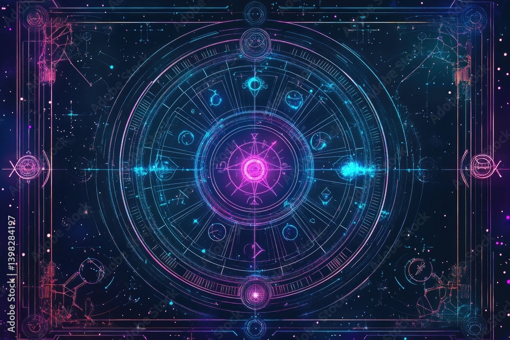 Astrology inspired futuristic tarot card design with holographic zodiac symbols